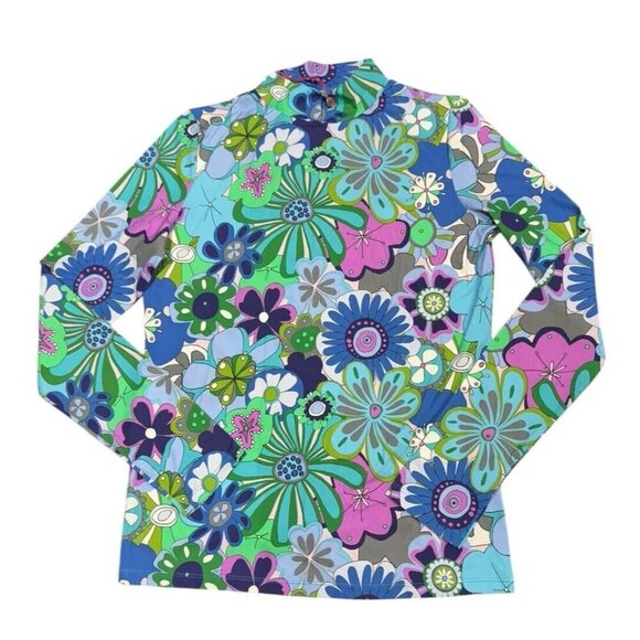 Celia B Sz XL Top Blue Rinnes Floral Retro Long Sleeve Mock Collar CeliaB New - Picture 3 of 6